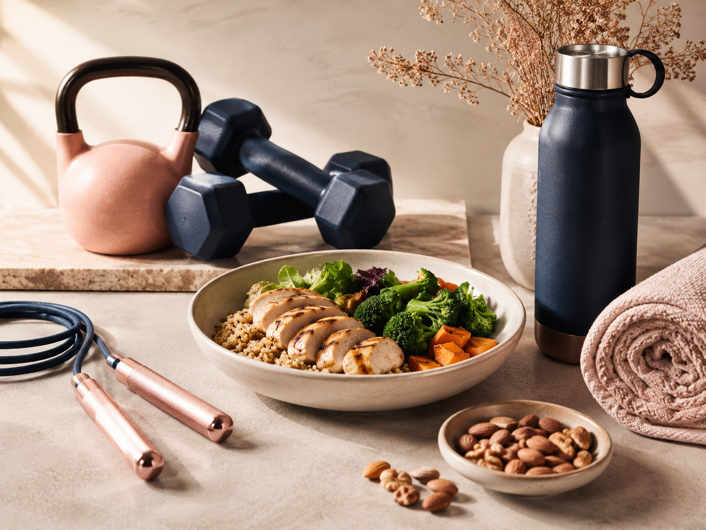 Alimentação equilibrada, treino e autocuidado, sem pessoas